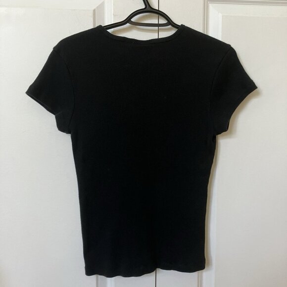 Y2K NWD Ribbed T-shirt Womens Black Short Sleeve Fitted 2000s Cropped Baby Tee - Picture 4 of 6